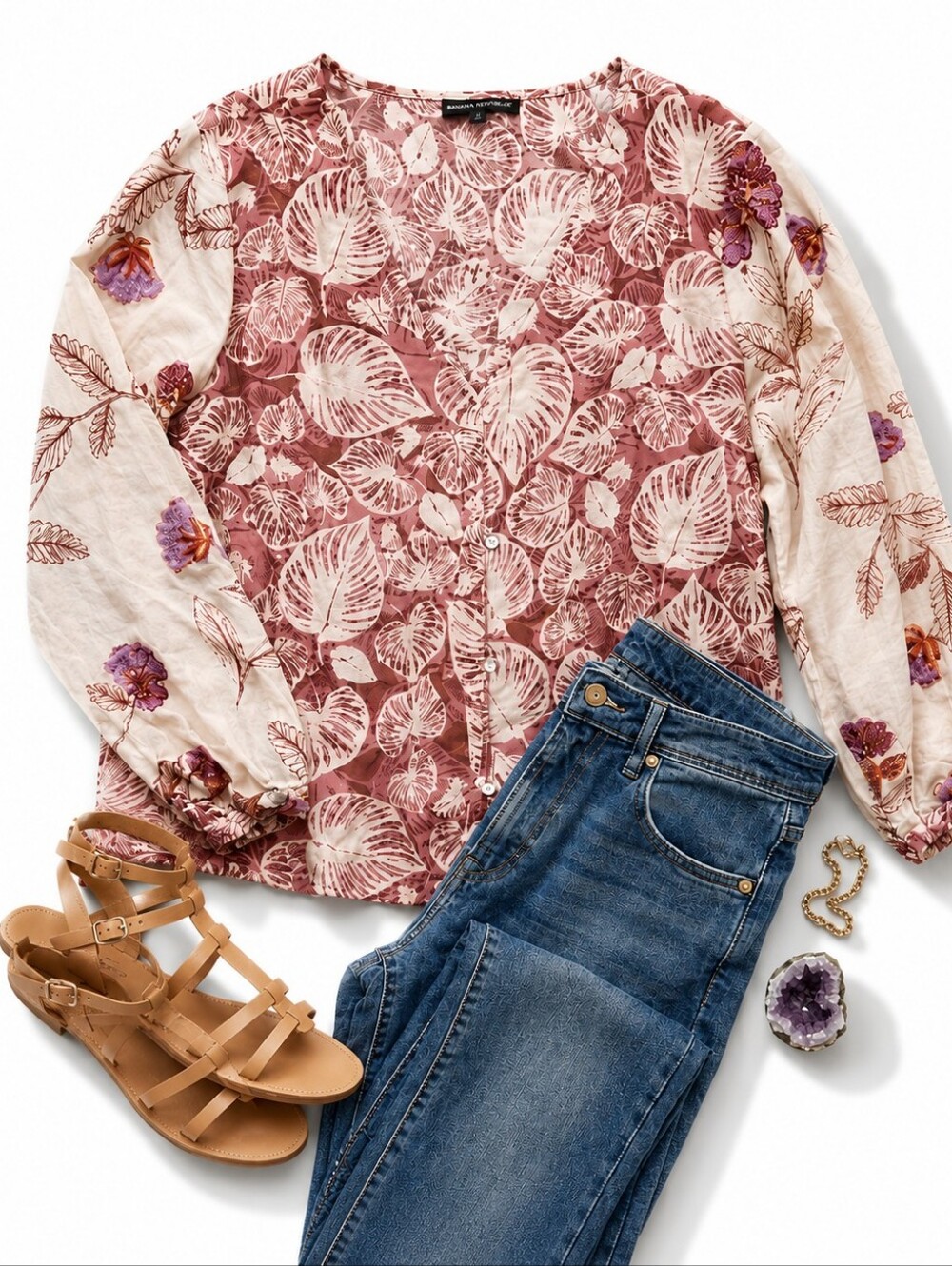 Elie Tahari 100% Linen Pink Floral & Cream Button-Front Blouse